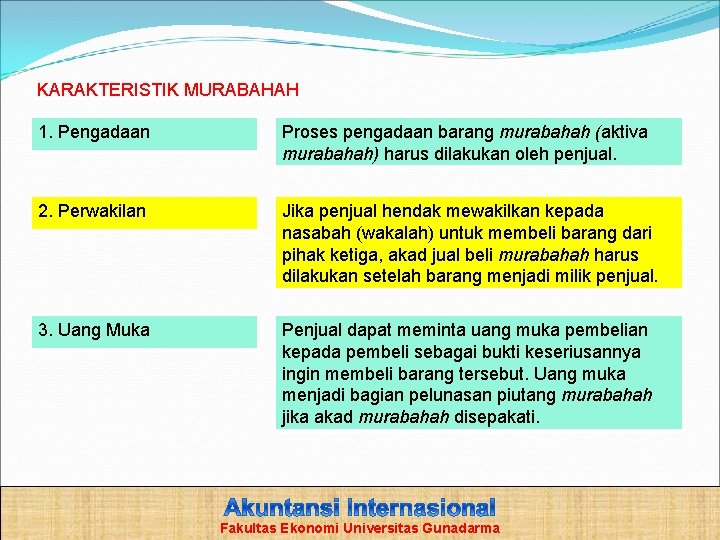 KARAKTERISTIK MURABAHAH 1. Pengadaan Proses pengadaan barang murabahah (aktiva murabahah) harus dilakukan oleh penjual.