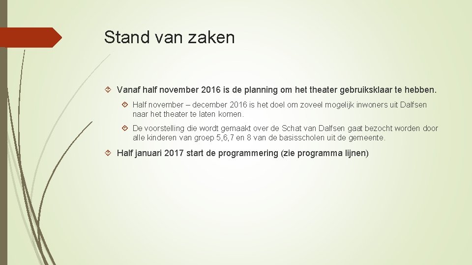 Stand van zaken Vanaf half november 2016 is de planning om het theater gebruiksklaar