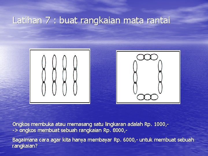 Latihan 7 : buat rangkaian mata rantai Ongkos membuka atau memasang satu lingkaran adalah