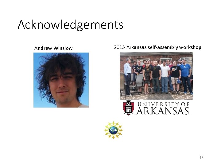 Acknowledgements Andrew Winslow 2015 Arkansas self-assembly workshop 17 