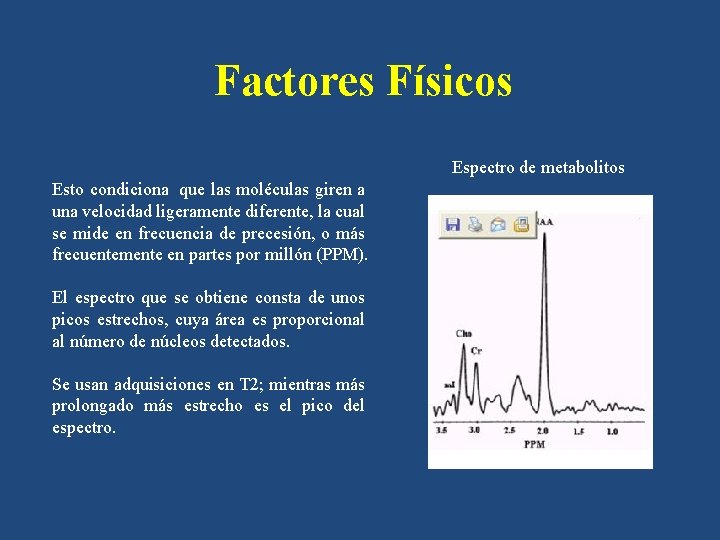 Factores Físicos Espectro de metabolitos Esto condiciona que las moléculas giren a una velocidad