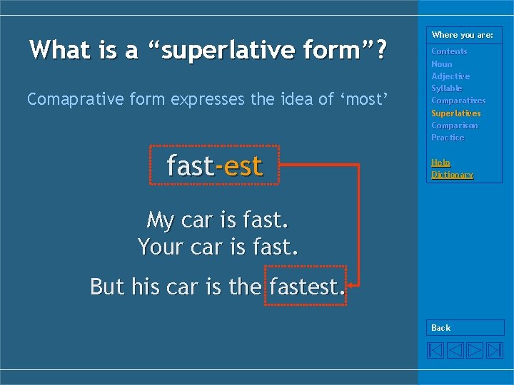What is a “superlative form”? Comaprative form expresses the idea of ‘most’ fast-est Where