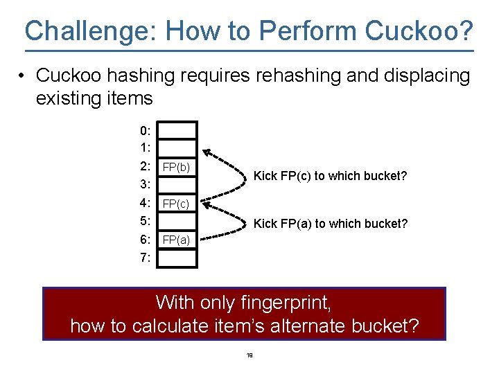 Challenge: How to Perform Cuckoo? • Cuckoo hashing requires rehashing and displacing existing items