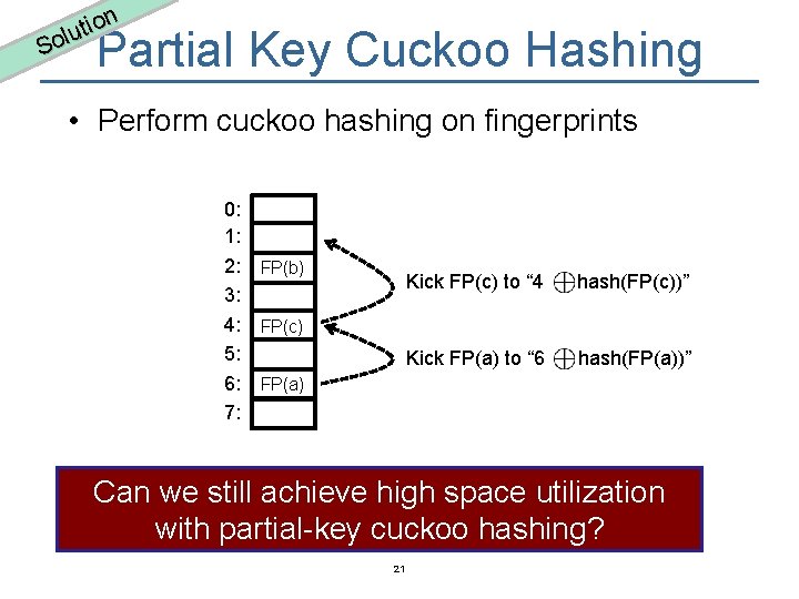 n o i t lu So Partial Key Cuckoo Hashing • Perform cuckoo hashing