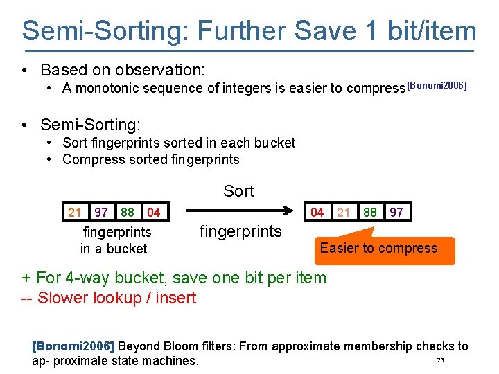 Semi-Sorting: Further Save 1 bit/item • Based on observation: • A monotonic sequence of