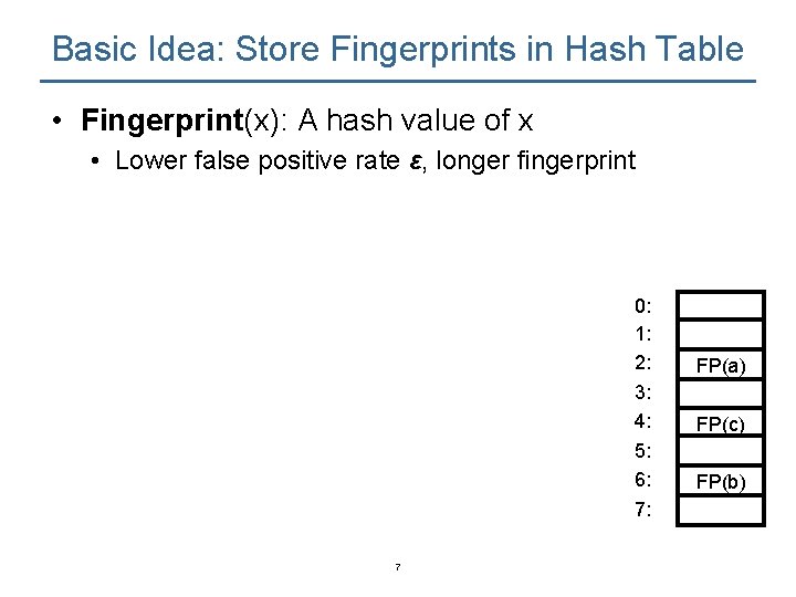 Basic Idea: Store Fingerprints in Hash Table • Fingerprint(x): A hash value of x