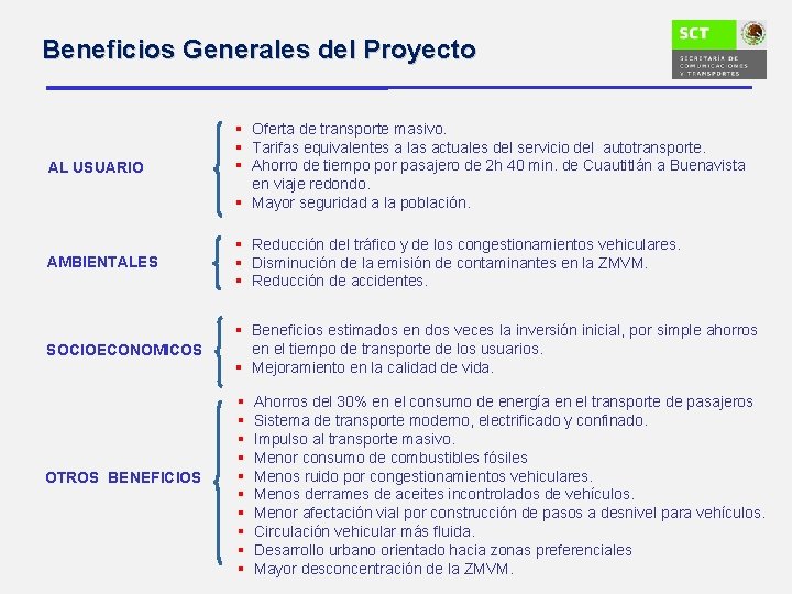Beneficios Generales del Proyecto AL USUARIO § Oferta de transporte masivo. § Tarifas equivalentes