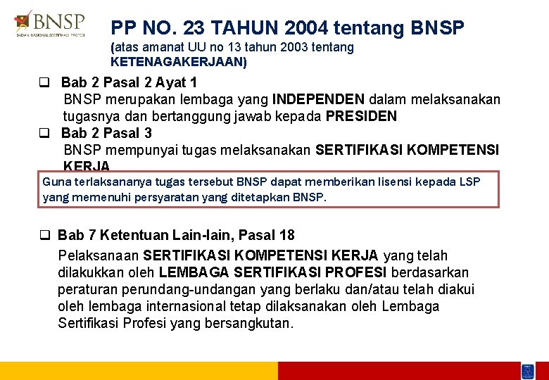 PP NO. 23 TAHUN 2004 tentang BNSP (atas amanat UU no 13 tahun 2003