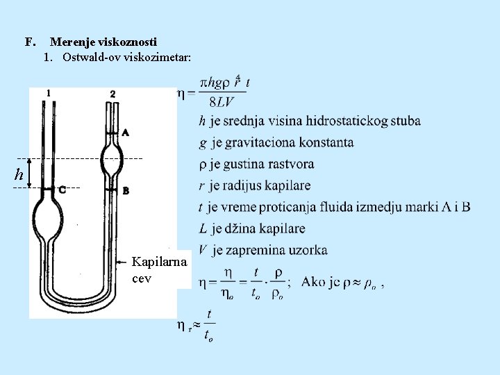 F. Merenje viskoznosti 1. Ostwald-ov viskozimetar: h Kapilarna cev 