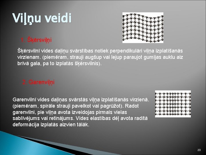 Viļņu veidi 1. Šķērsviļņi Šķērsvilnī vides daļiņu svārstības notiek perpendikulāri viļņa izplatīšanās virzienam. (piemēram,