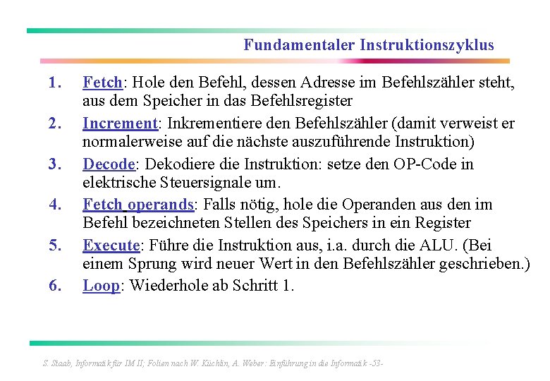 Fundamentaler Instruktionszyklus 1. 2. 3. 4. 5. 6. Fetch: Hole den Befehl, dessen Adresse