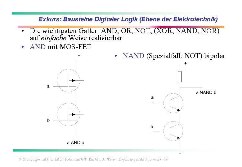 Exkurs: Bausteine Digitaler Logik (Ebene der Elektrotechnik) • Die wichtigsten Gatter: AND, OR, NOT,
