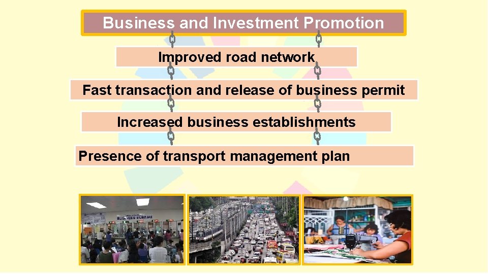 Business and Investment Promotion Improved road network Fast transaction and release of business permit