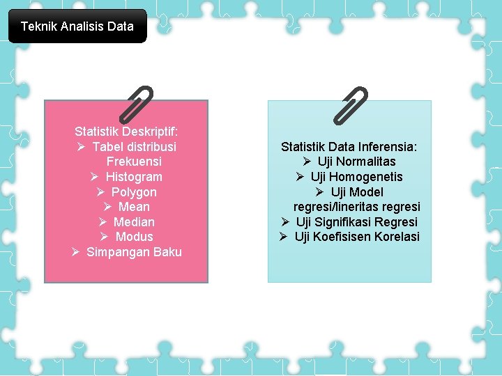 Teknik Analisis Data Cover Statistik Deskriptif: Ø Tabel distribusi Frekuensi Ø Histogram Ø Polygon