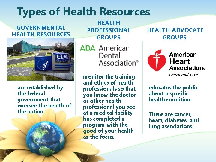Types of Health Resources GOVERNMENTAL HEALTH RESOURCES are established by the federal government that