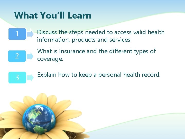 What You’ll Learn 1 Discuss the steps needed to access valid health information, products