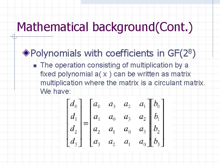 Mathematical background(Cont. ) Polynomials with coefficients in GF(28) n The operation consisting of multiplication