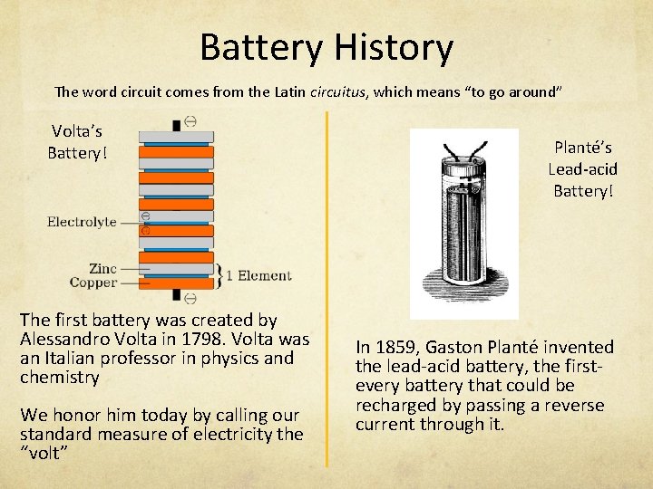 Battery History The word circuit comes from the Latin circuitus, which means “to go