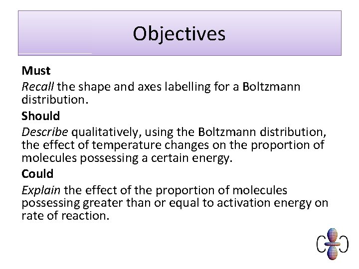 Objectives Must Recall the shape and axes labelling for a Boltzmann distribution. Should Describe