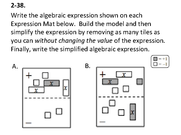 2 -38. Write the algebraic expression shown on each Expression Mat below. Build the