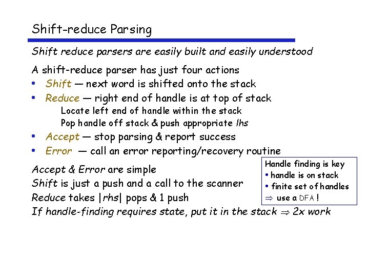 Shift-reduce Parsing Shift reduce parsers are easily built and easily understood A shift-reduce parser