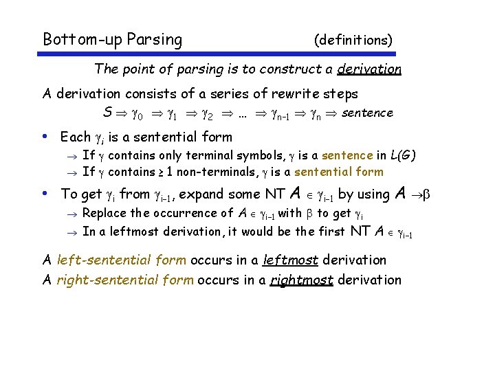 Bottom-up Parsing (definitions) The point of parsing is to construct a derivation A derivation