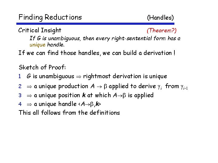 Finding Reductions (Handles) Critical Insight (Theorem? ) If G is unambiguous, then every right-sentential