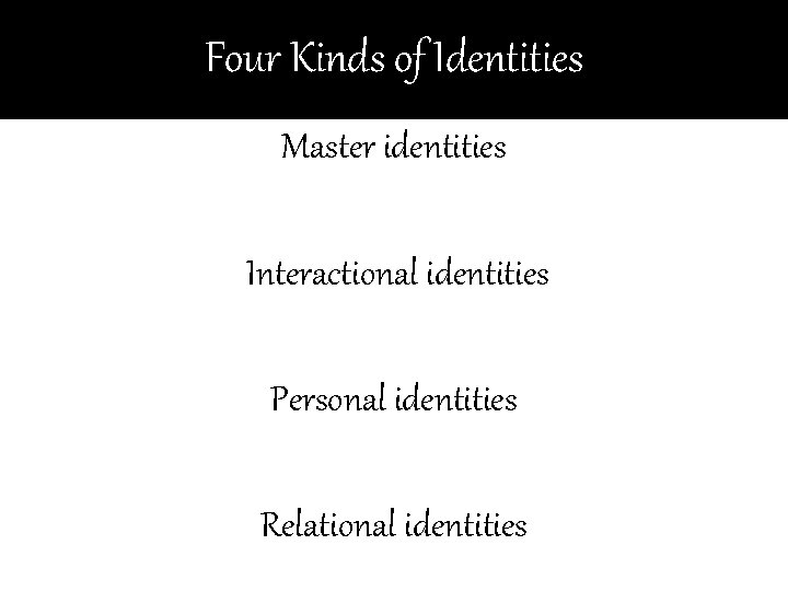 Four Kinds of Identities Master identities Interactional identities Personal identities Relational identities 