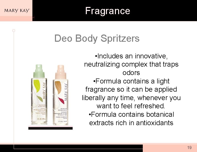 Fragrance Deo Body Spritzers • Includes an innovative, neutralizing complex that traps odors •