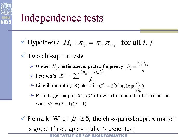 SNU BIBS Independence tests ü Hypothesis: ü Two chi-square tests Ø Under , estimated