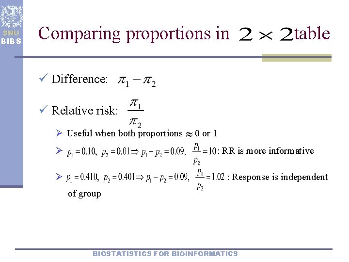 SNU BIBS Comparing proportions in table ü Difference: ü Relative risk: Ø Useful when