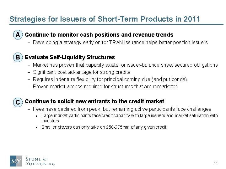 Strategies for Issuers of Short-Term Products in 2011 Aw Continue to monitor cash positions