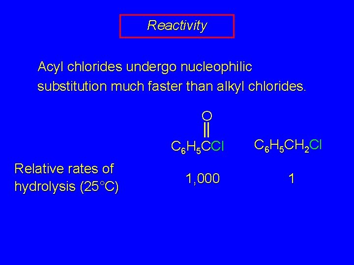 Reactivity Acyl chlorides undergo nucleophilic substitution much faster than alkyl chlorides. O C 6