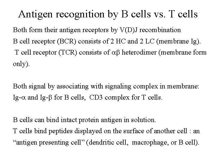 Antigen recognition by B cells vs. T cells Both form their antigen receptors by