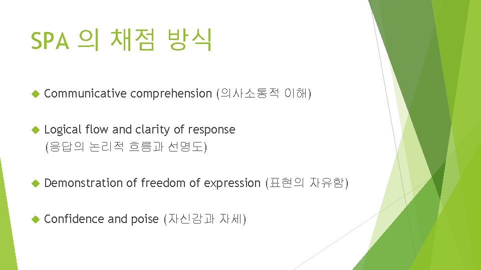 SPA 의 채점 방식 Communicative comprehension (의사소통적 이해) Logical flow and clarity of response