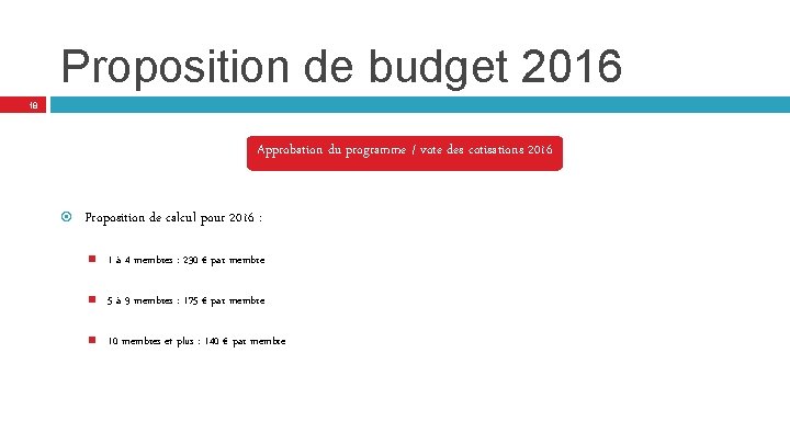 Proposition de budget 2016 18 Approbation du programme / vote des cotisations 2016 Proposition