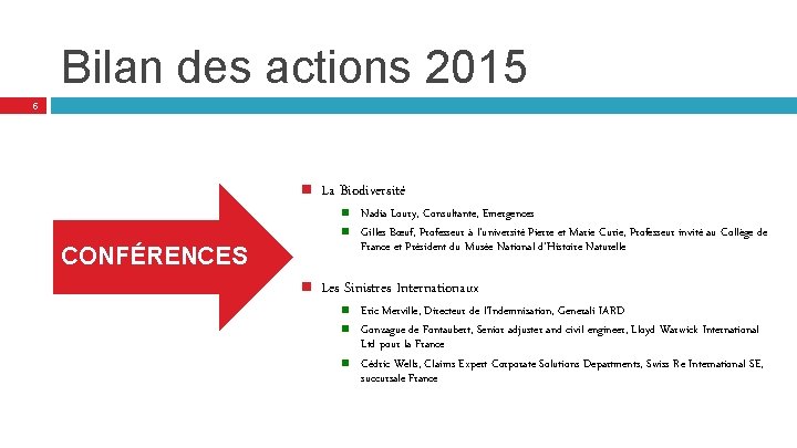 Bilan des actions 2015 5 La Biodiversité CONFÉRENCES Nadia Loury, Consultante, Emergences Gilles Bœuf,