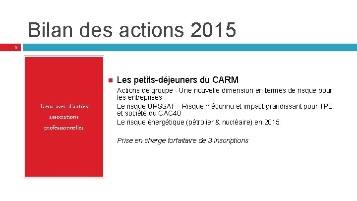 Bilan des actions 2015 9 Liens avec d’autres associations professionnelles Les petits-déjeuners du CARM