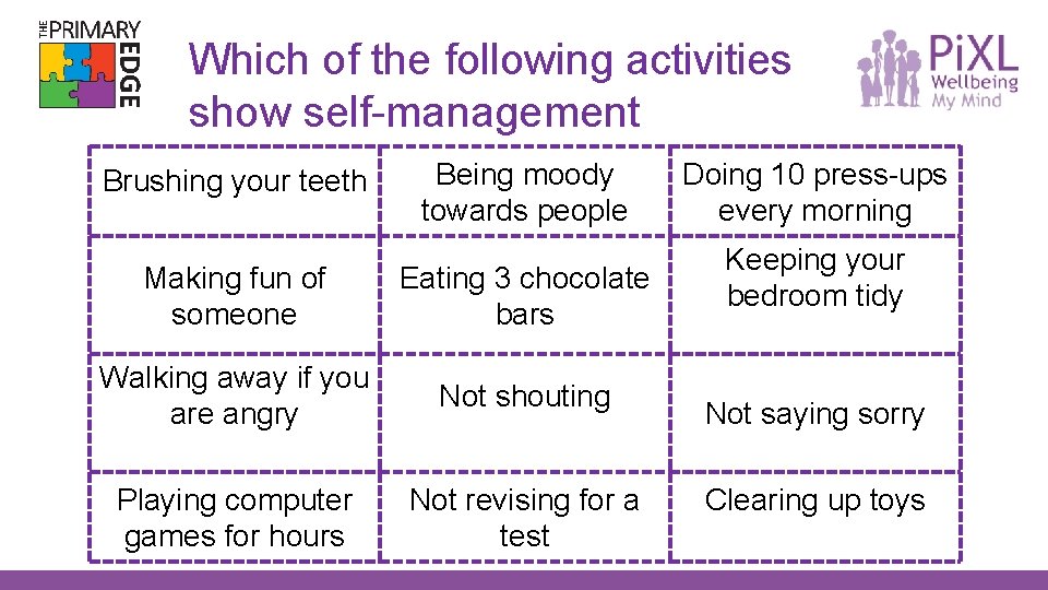 Which of the following activities show self-management Brushing your teeth Being moody towards people