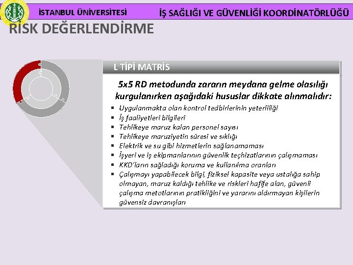 İSTANBUL ÜNİVERSİTESİ RİSK DEĞERLENDİRME İŞ SAĞLIĞI VE GÜVENLİĞİ KOORDİNATÖRLÜĞÜ L TİPİ MATRİS 5 x