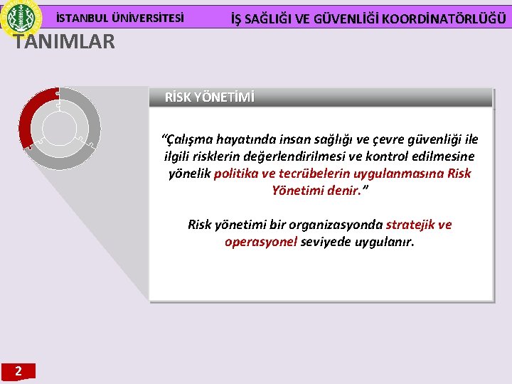 İSTANBUL ÜNİVERSİTESİ TANIMLAR İŞ SAĞLIĞI VE GÜVENLİĞİ KOORDİNATÖRLÜĞÜ RİSK YÖNETİMİ “Çalışma hayatında insan sağlığı