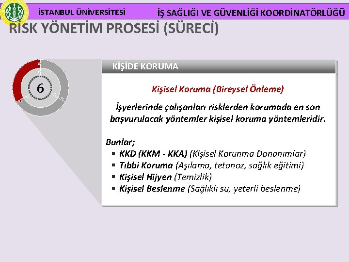 İSTANBUL ÜNİVERSİTESİ İŞ SAĞLIĞI VE GÜVENLİĞİ KOORDİNATÖRLÜĞÜ RİSK YÖNETİM PROSESİ (SÜRECİ) KİŞİDE KORUMA 6