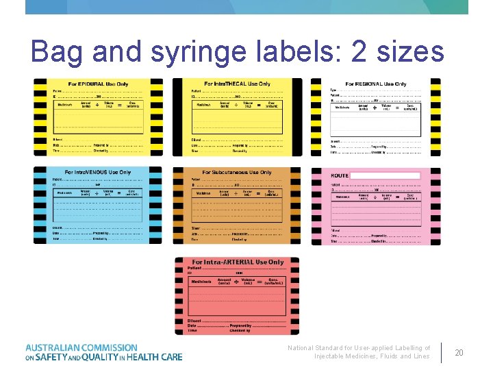 Bag and syringe labels: 2 sizes National Standard for User-applied Labelling of Injectable Medicines,