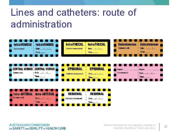 Lines and catheters: route of administration National Standard for User-applied Labelling of Injectable Medicines,