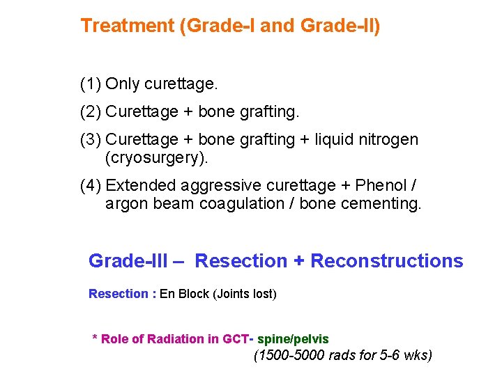 Treatment (Grade-I and Grade-II) (1) Only curettage. (2) Curettage + bone grafting. (3) Curettage