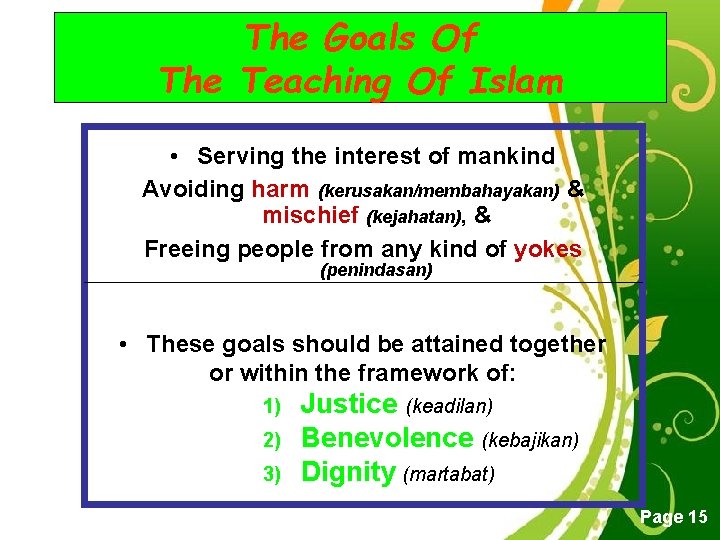 The Goals Of The Teaching Of Islam • Serving the interest of mankind Avoiding