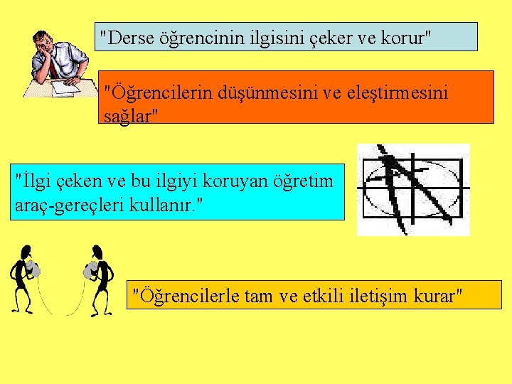  "Derse öğrencinin ilgisini çeker ve korur" "Öğrencilerin düşünmesini ve eleştirmesini sağlar" "İlgi çeken