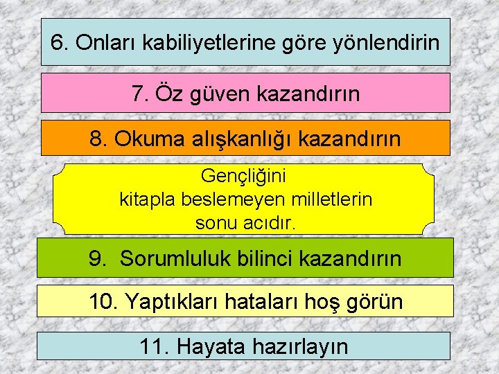 6. Onları kabiliyetlerine göre yönlendirin 7. Öz güven kazandırın 8. Okuma alışkanlığı kazandırın Gençliğini