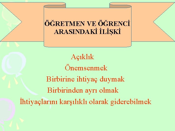  ÖĞRETMEN VE ÖĞRENCİ ARASINDAKİ İLİŞKİ Açıklık Önemsenmek Birbirine ihtiyaç duymak Birbirinden ayrı olmak