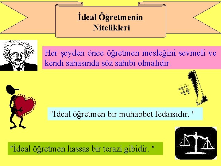 İdeal Öğretmenin Nitelikleri Her şeyden önce öğretmen mesleğini sevmeli ve kendi sahasında söz sahibi